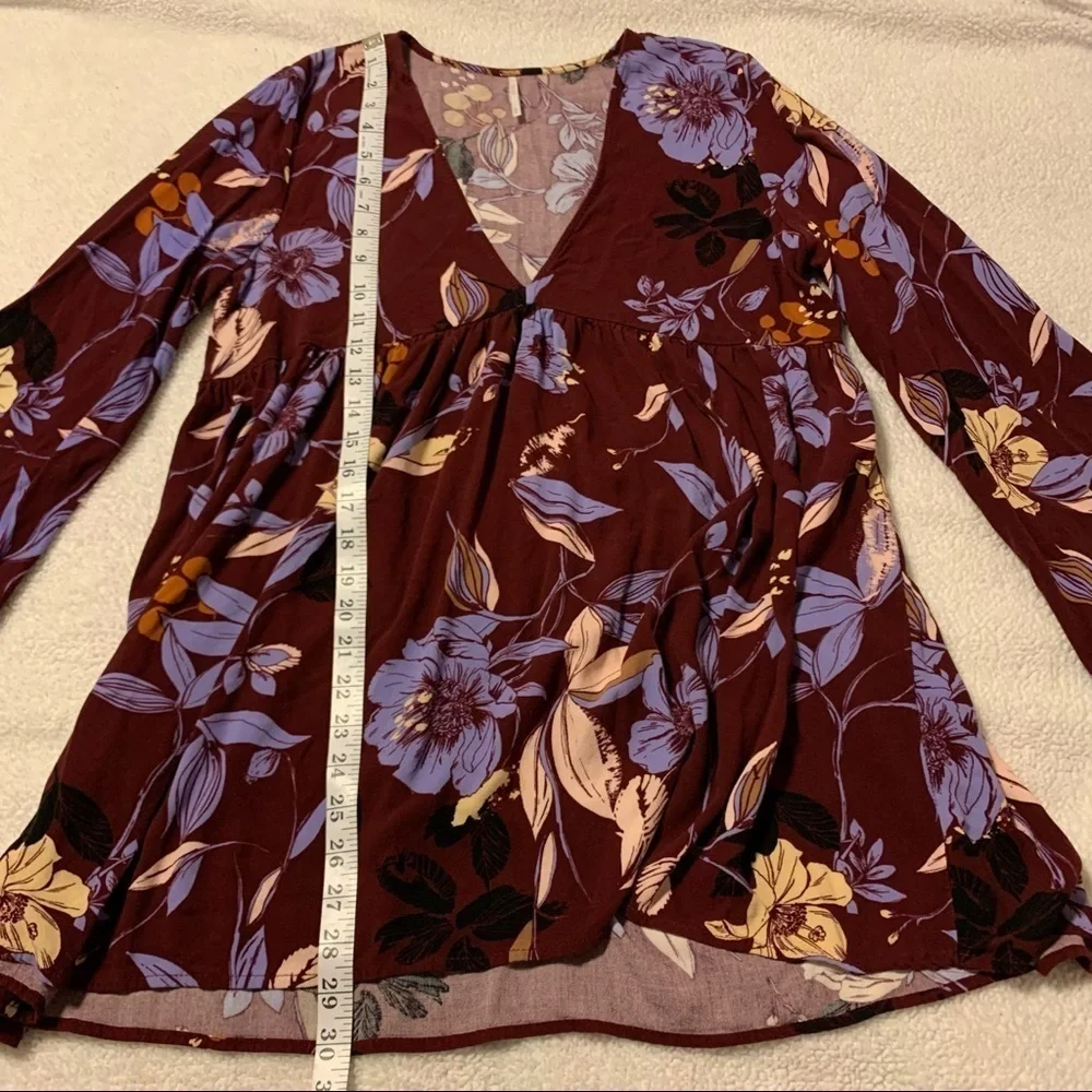 Free People Bella Floral-Print Tunic Mini Dress Purple Bell Sleeve V Neck